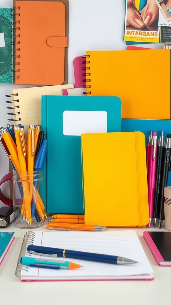 Colorful stationery collection on an office desk, including notebooks and pens.