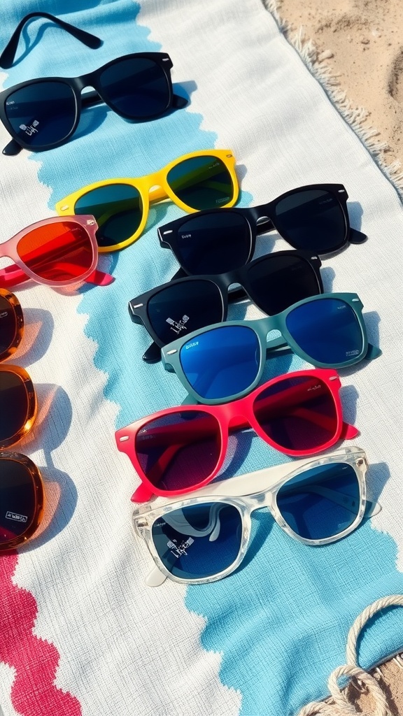 A collection of colorful sunglasses displayed on a beach towel