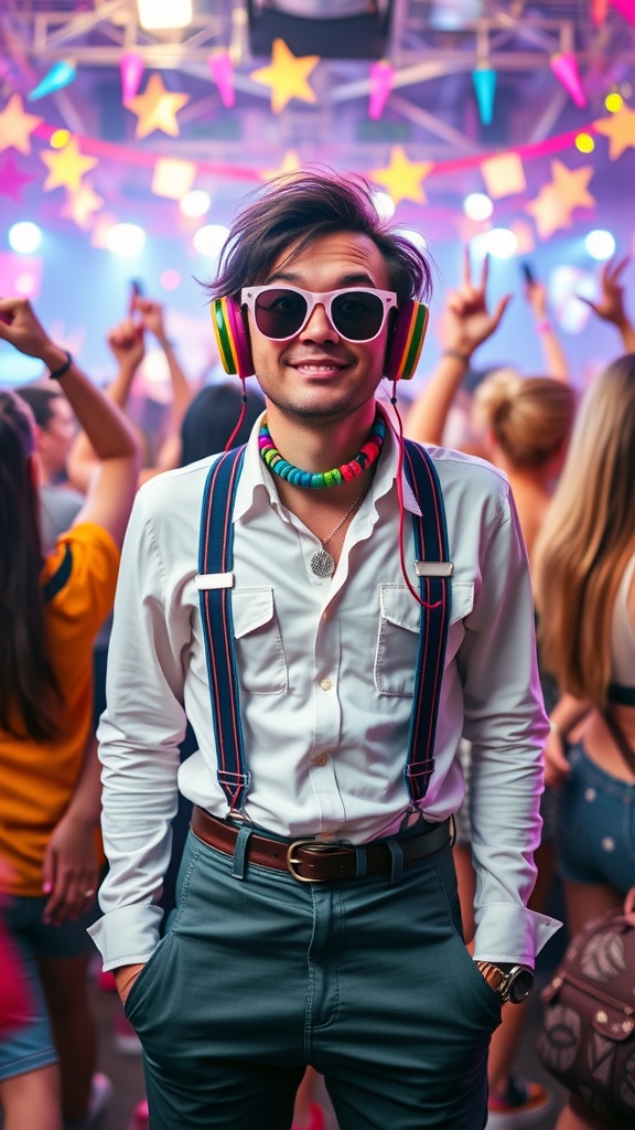 A person wearing colorful suspenders and accessories at a rave, enjoying the lively atmosphere.