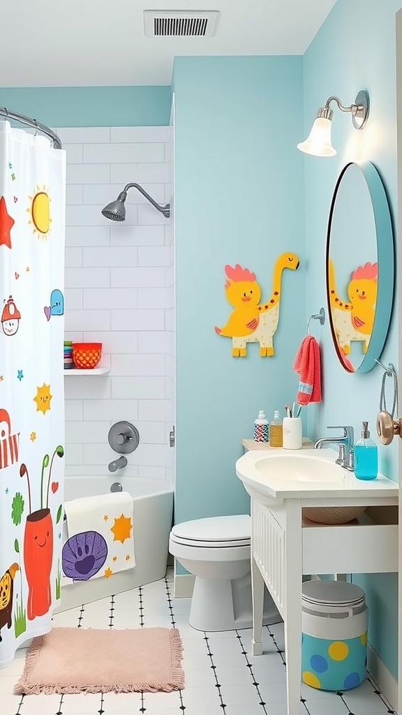 Brightly decorated kids bathroom featuring colorful shower curtain, playful wall art, and fun accessories.