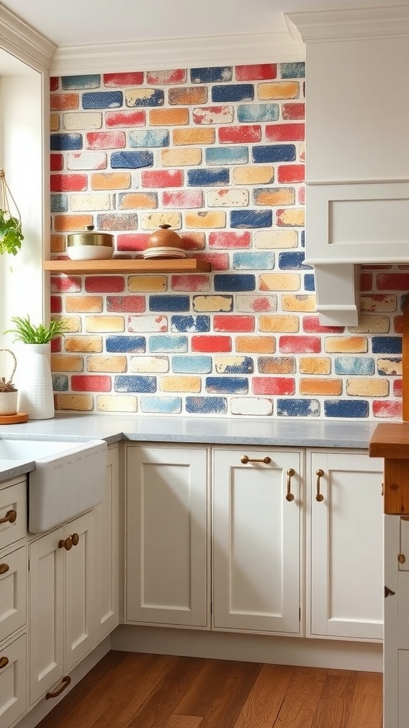 A colorful brick backsplash in a farmhouse kitchen with a white sink and wooden shelves.