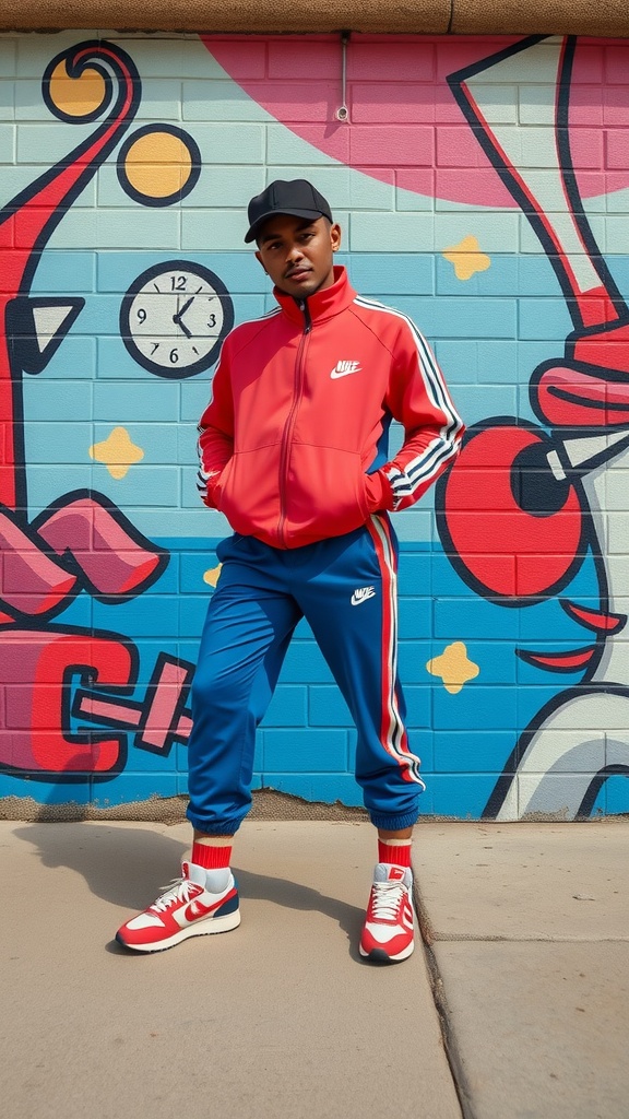 A person wearing a colorful red and blue tracksuit with retro sneakers, standing in front of a vibrant mural.