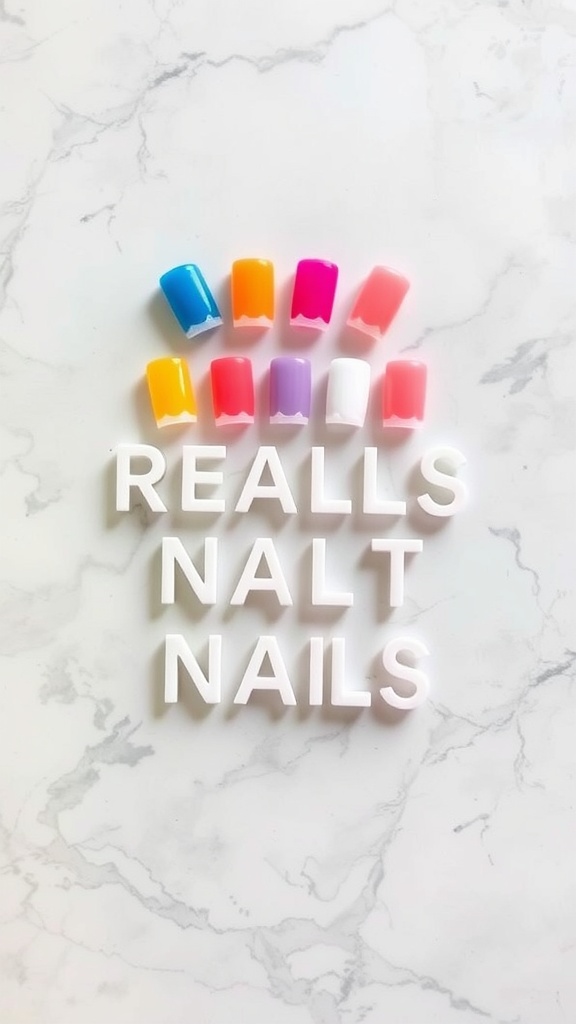 Colorful French square nail tips arranged in a rainbow pattern on a marble background.