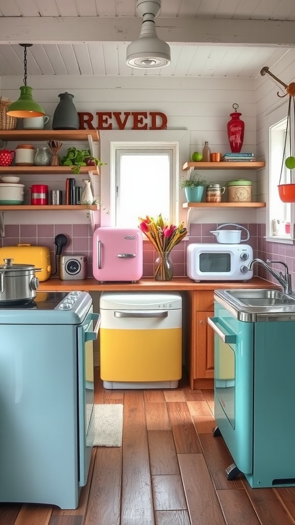 A colorful farmhouse kitchen featuring vintage appliances in pastel colors, including a pink fridge, blue stove, and yellow dishwasher, with decorative shelves.