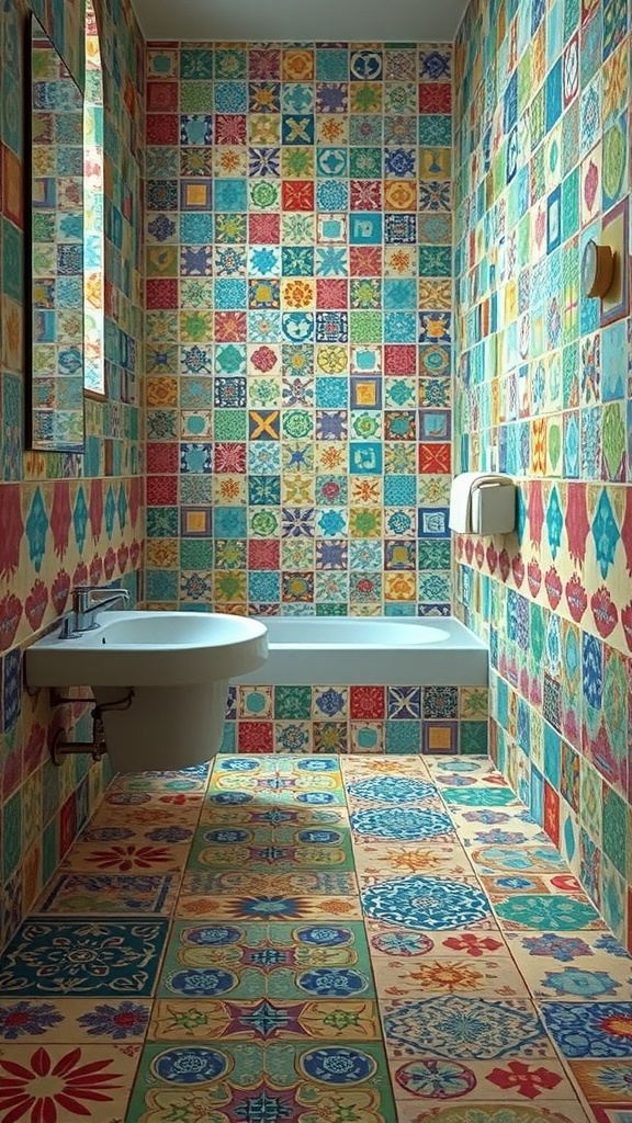 A bathroom with colorful vintage tiles covering the walls and floor, showcasing various patterns and colors.