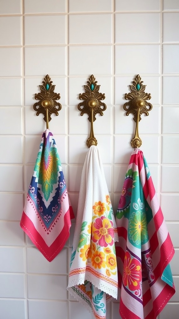Three vintage towel hooks with colorful patterned towels hanging on a white tiled wall.