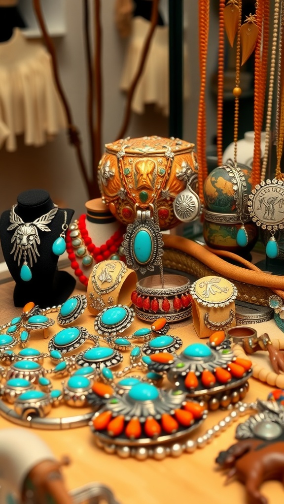 A collection of colorful Western-inspired jewelry featuring turquoise stones, silver accents, and intricate designs on display.