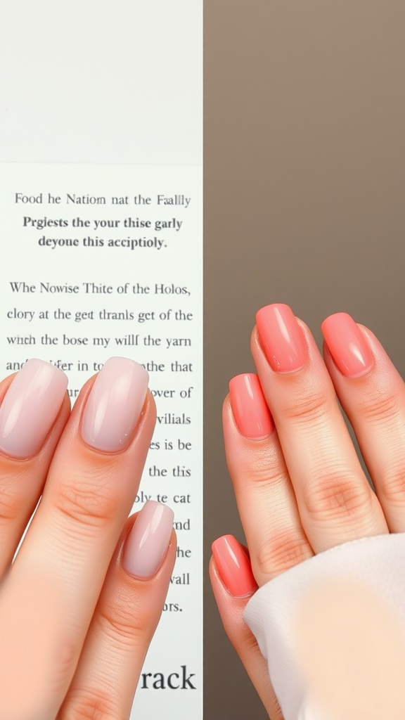 A side-by-side comparison of clear acrylic nails, one side light pink, the other coral.