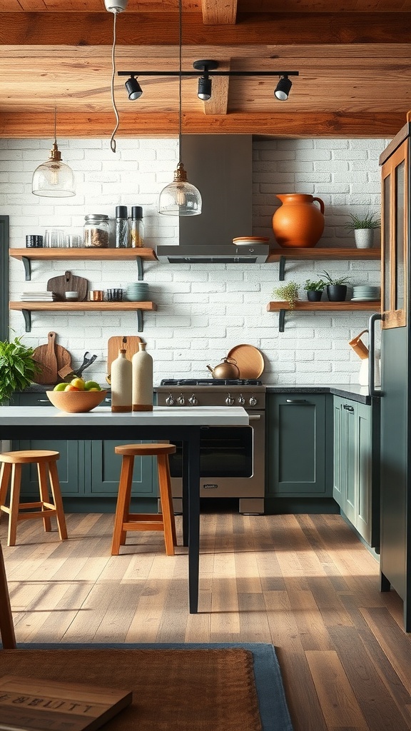 A modern farmhouse kitchen featuring wooden beams, open shelving, and a mix of textures.