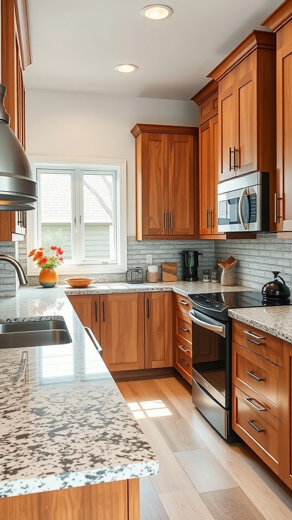 A kitchen featuring alder wood cabinets, granite countertops, and stainless steel appliances.