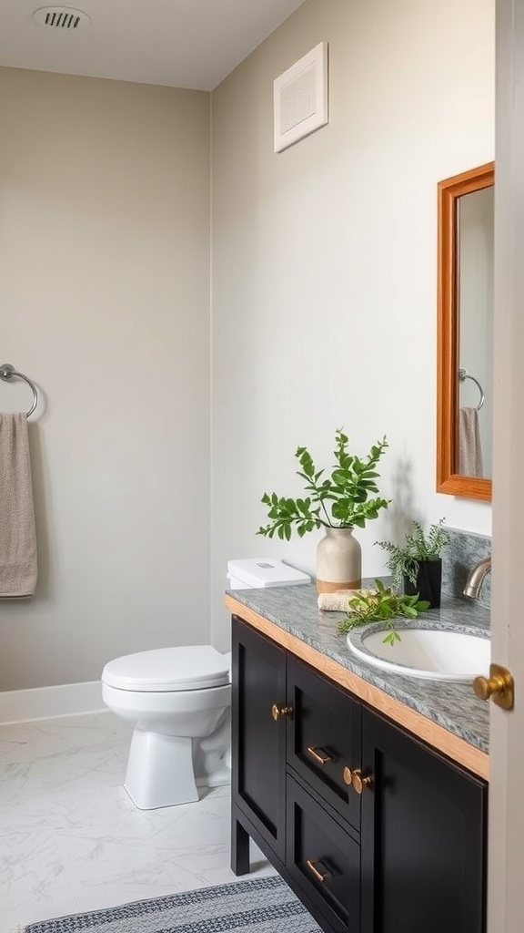 A modern bathroom featuring black cabinets with natural wood accents.