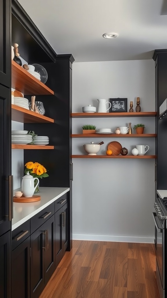 A modern kitchen with black cabinets and open wooden shelves displaying dishware and plants.