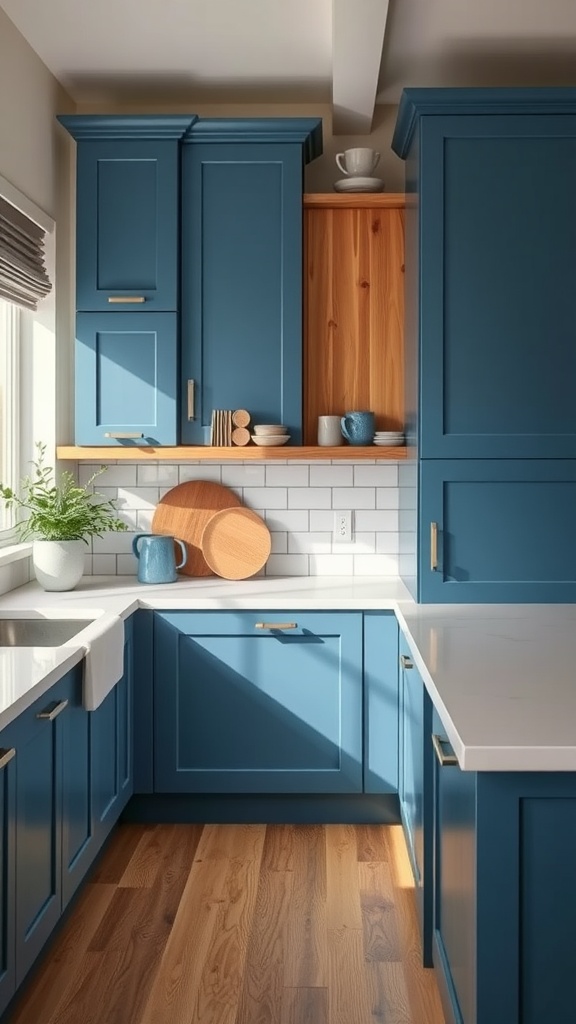 A bright kitchen featuring blue cabinets, wooden shelves, and white countertops.