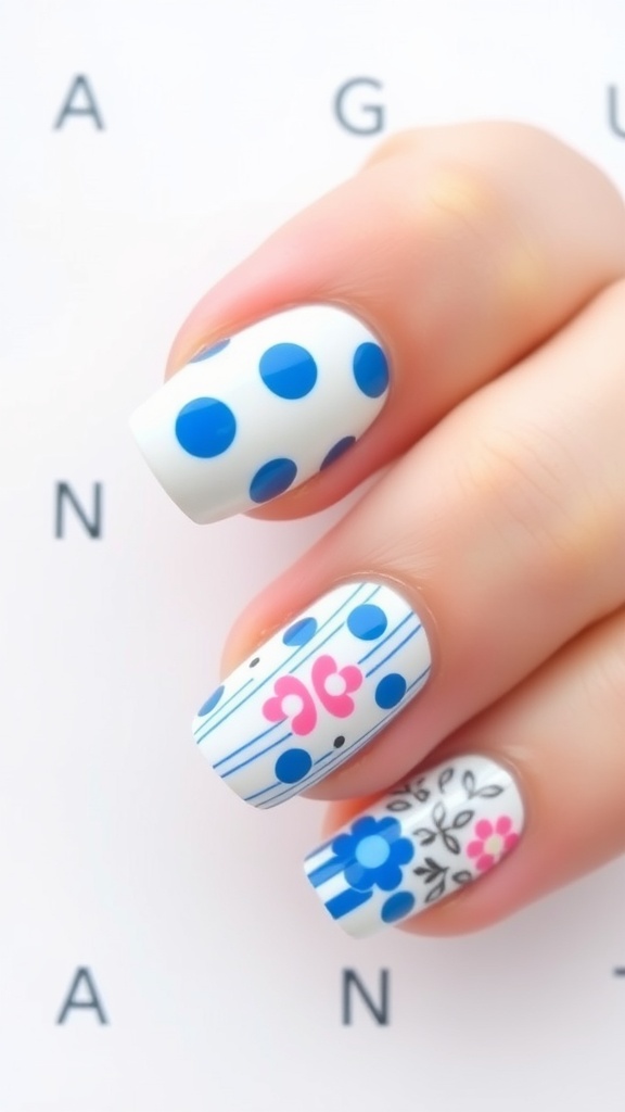 A hand showing nails with blue polka dots, floral designs, and stripes.