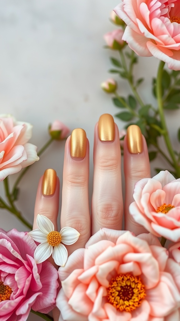 Gold almond nails surrounded by pastel-colored flowers