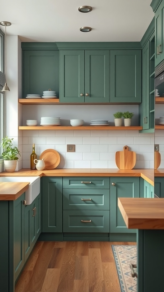 A stylish kitchen featuring green cabinets and natural wood accents.