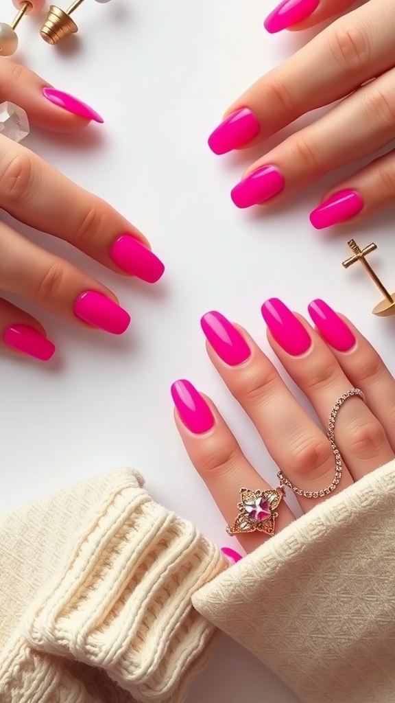 Close-up of hands with hot pink chrome nails, showcasing a shiny and vibrant manicure