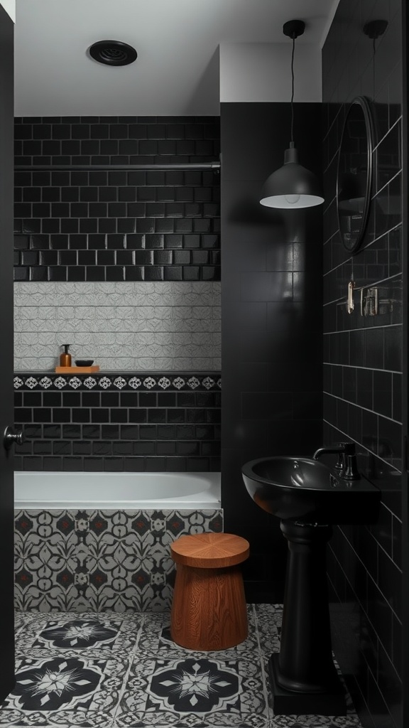 Modern black bathroom featuring patterned floor tiles and contrasting wooden stool.