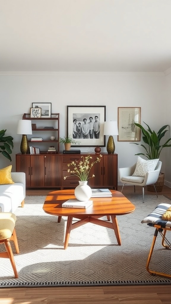 A mid-century modern coffee table in a stylish living room with warm wood tones and contemporary decor.