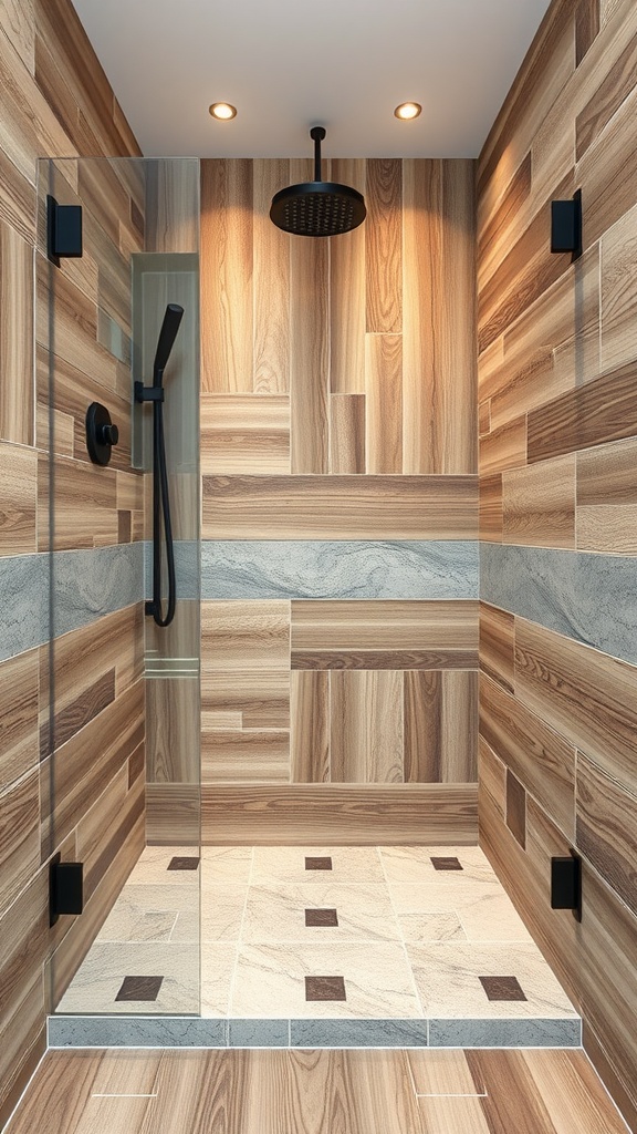 A modern shower featuring wood look tile walls and a stone accent band, with glass enclosure and stylish fixtures.