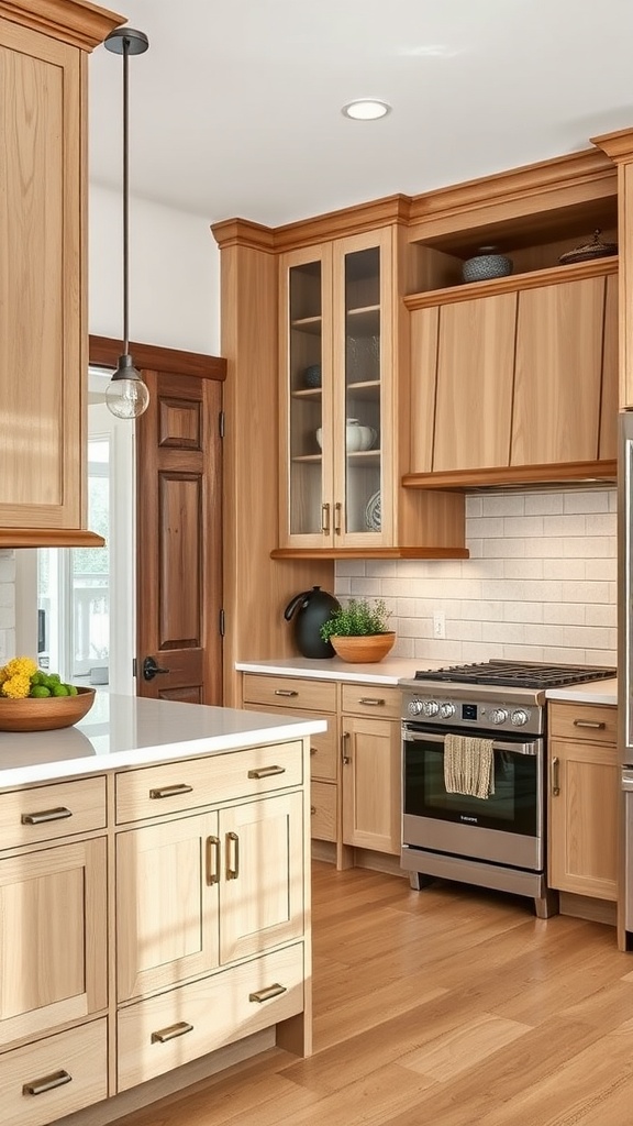 A modern kitchen featuring white oak cabinets and dark wood accents
