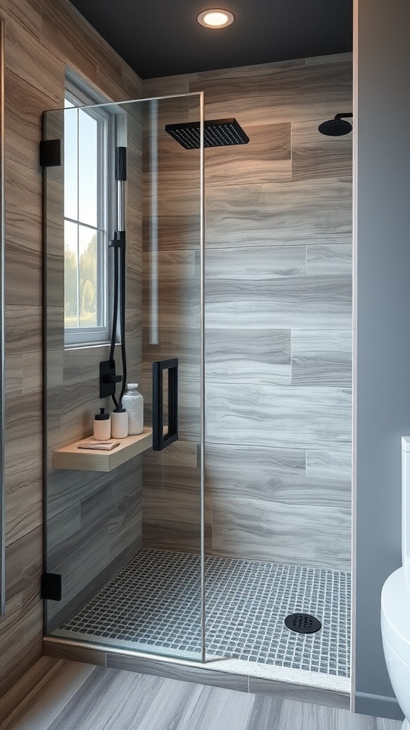 A modern shower with wood-look tile walls and a glass enclosure.