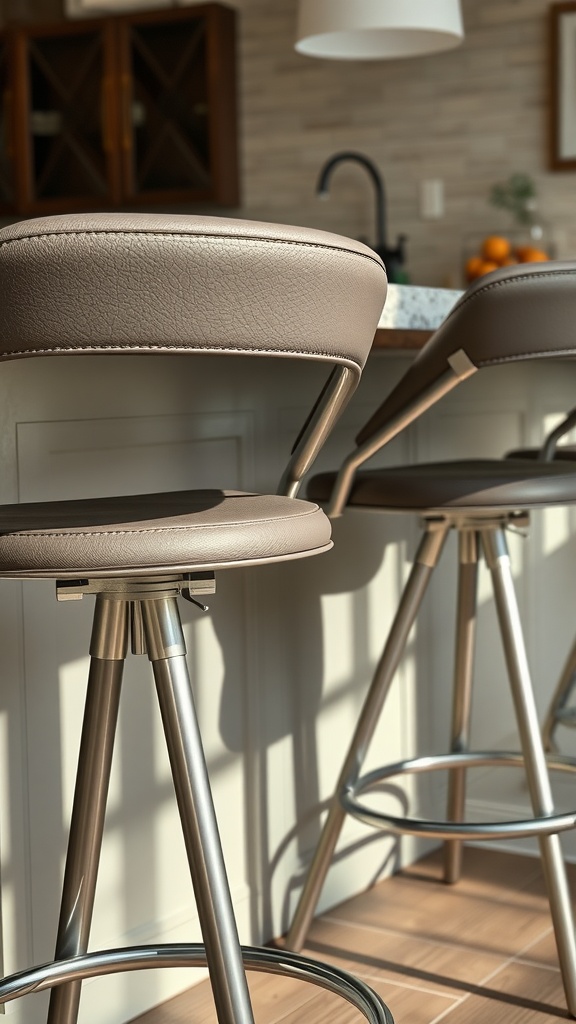Stylish bar stools with leather seats and metal legs at a kitchen island.