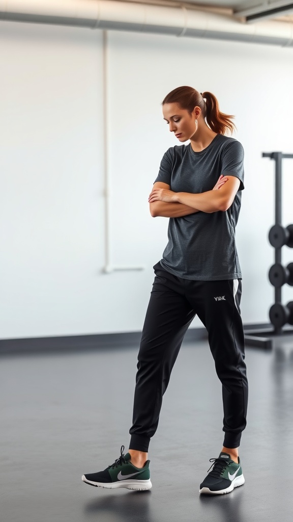 A woman in a gray t-shirt and black joggers, standing in a gym environment.