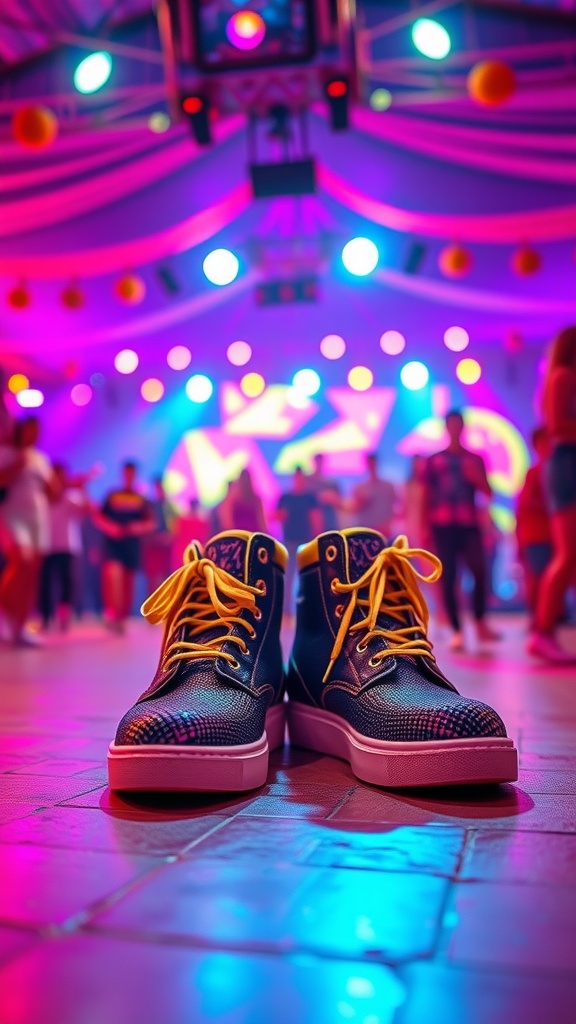 Stylish rave shoes with colorful laces on a dance floor with vibrant lighting.