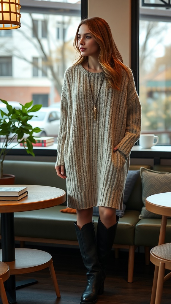A model wearing a cozy oversized sweater dress and knee-high boots, standing in a cafe setting.