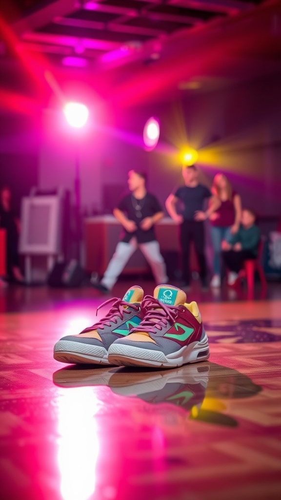 Colorful sneakers placed on a dance floor with people in the background