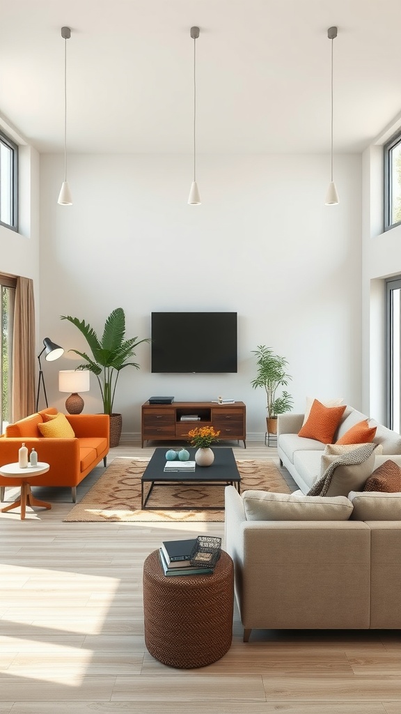 A bright coastal casual living room featuring two sofas, a coffee table, and decorative plants.