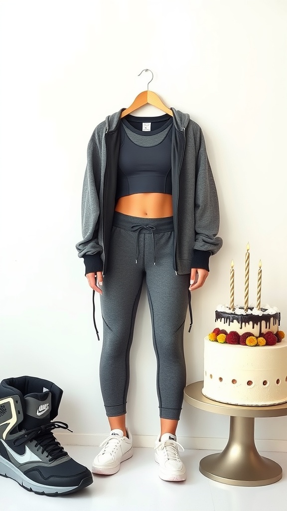 A comfortable athleisure outfit consisting of a gray crop top, hoodie, joggers, and stylish sneakers, alongside a birthday cake.