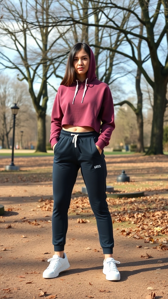 A woman in a burgundy cropped hoodie and dark joggers, standing in a park.