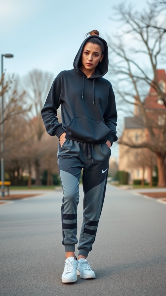 A young woman wearing a black hoodie and gray joggers, standing on a street with trees in the background.