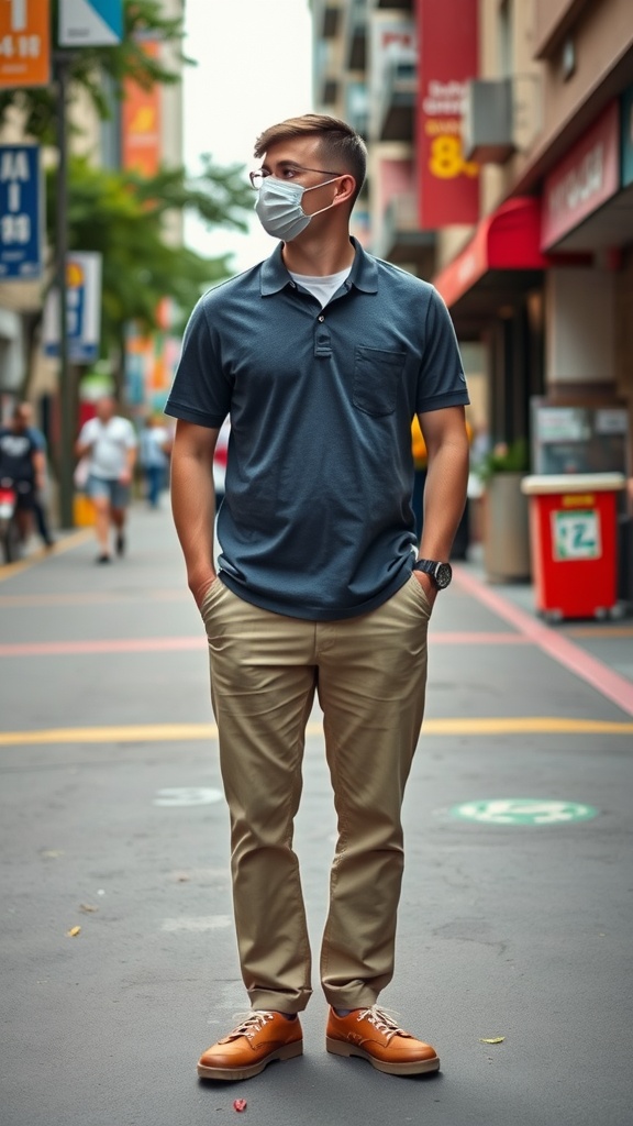 A man wearing a navy polo shirt and khaki chinos on a street.