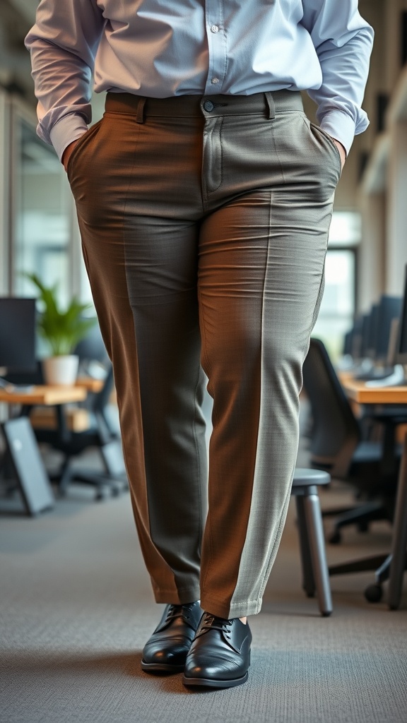 A close-up view of a person wearing comfortable dress pants and a light blue shirt, standing in a modern office environment.