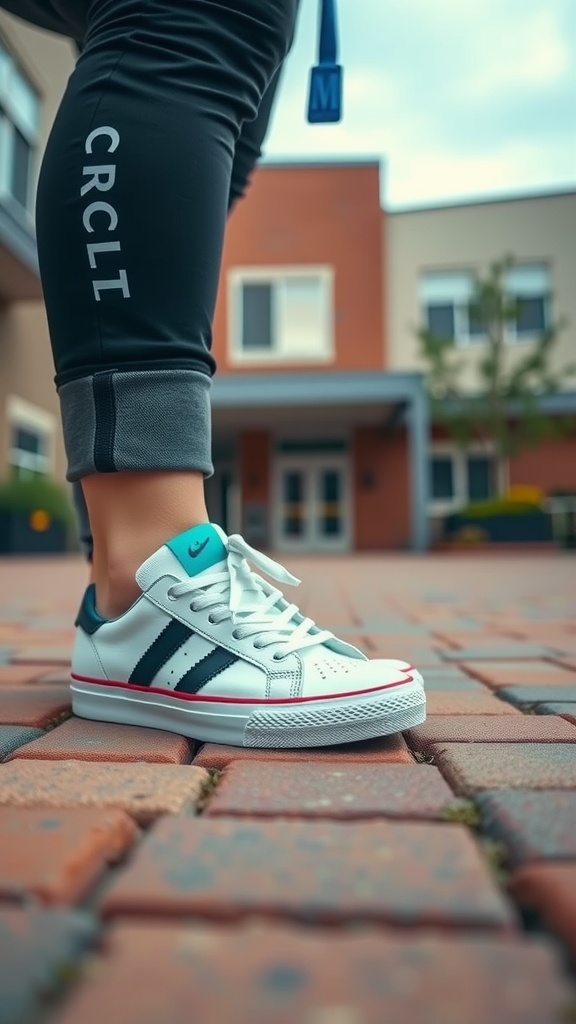 A close-up of stylish sneakers on a brick path, showcasing a trendy combination of white, black, and teal colors.