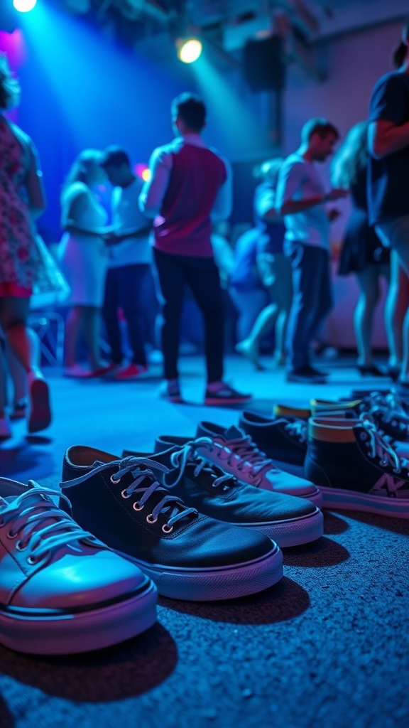 A variety of comfortable sneakers lined up on the floor at a rave.