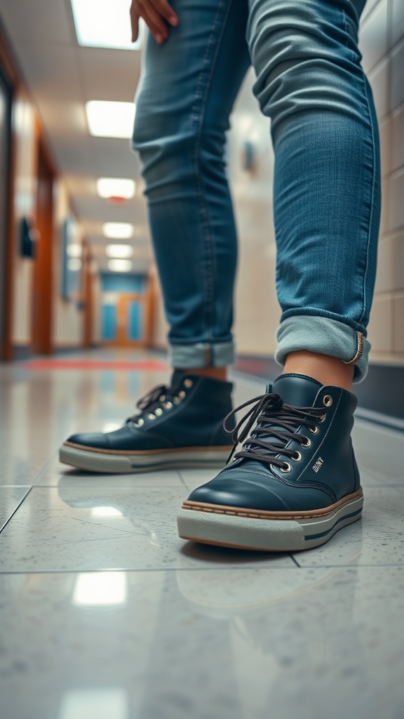 A pair of stylish black high-top shoes worn by a student in a school hallway