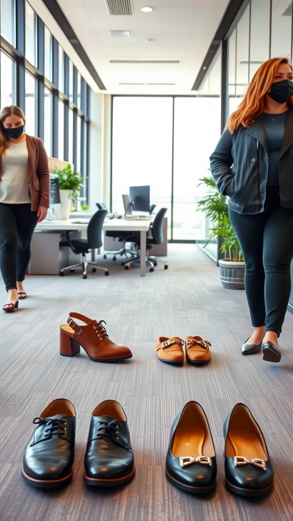 A selection of comfortable footwear options for a plus-size business casual outfit displayed in an office environment.