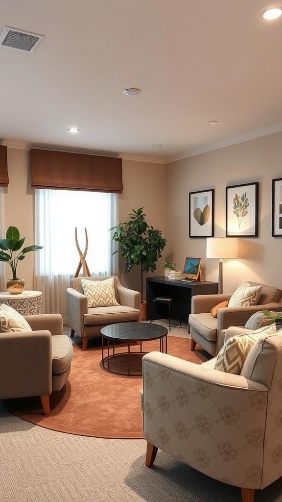 A cozy therapy office with comfortable armchairs arranged around a central table, a warm rug, and plants for a calming effect.