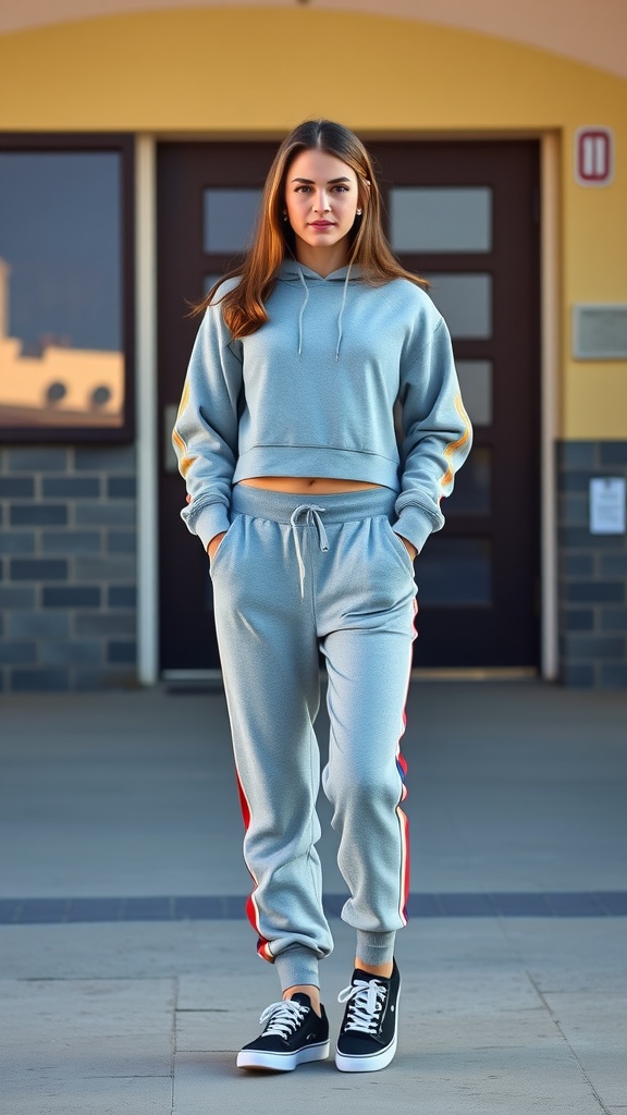 A young woman wearing a light blue cropped sweatshirt and matching joggers, paired with black sneakers, standing in front of a school entrance.