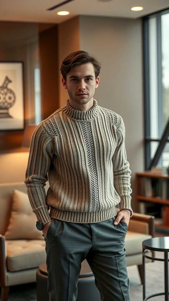 A young man wearing a cozy knit sweater and tailored slacks, standing confidently in a modern indoor setting.