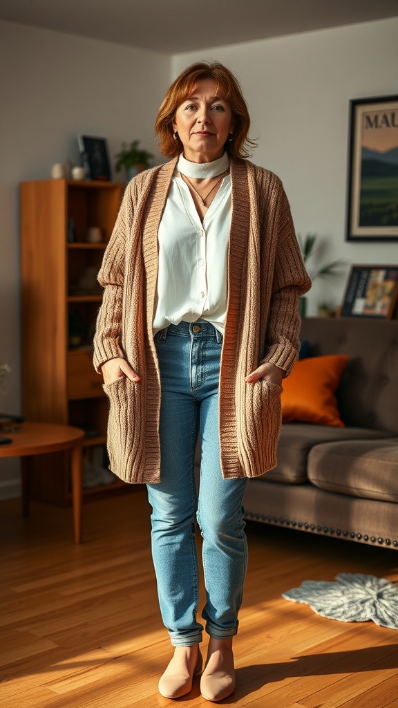 A woman wearing a cozy cardigan, white blouse, and blue jeans, standing in a well-lit living room.