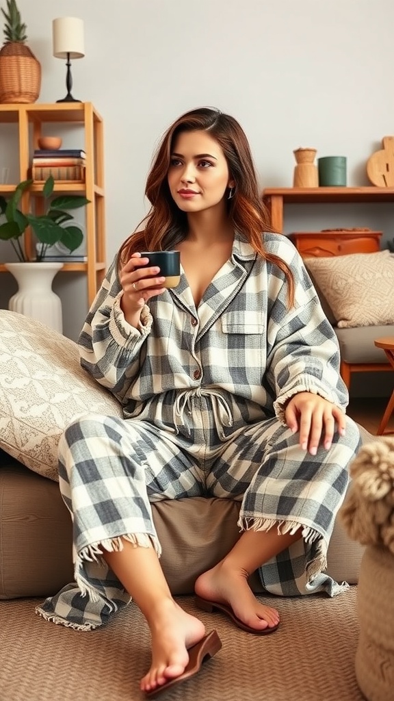 A woman in a checkered lounge outfit, sitting comfortably with a cup of coffee.