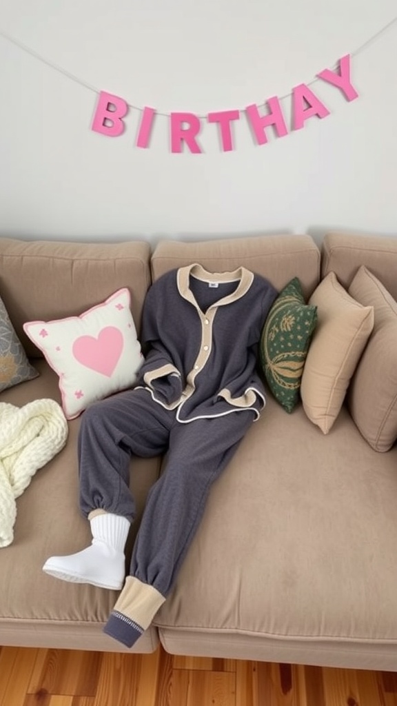Cozy loungewear laid on a couch with a birthday banner and decorative pillows.