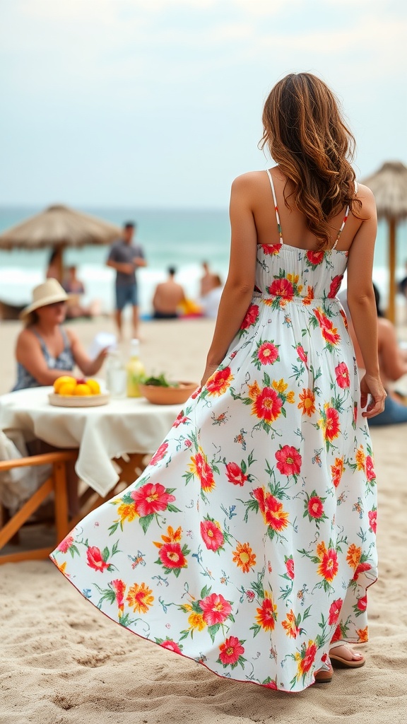 A woman in a floral maxi dress enjoying a beach setting