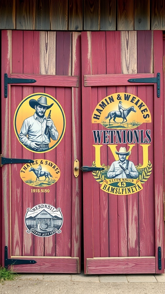 A rustic barn door with western-themed graphics and signage.