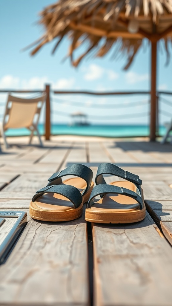Black sandals on a wooden deck with beach view